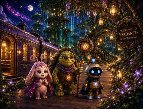 The path guides welcoming a dreamer to the lantern-lit forest of Verdantis