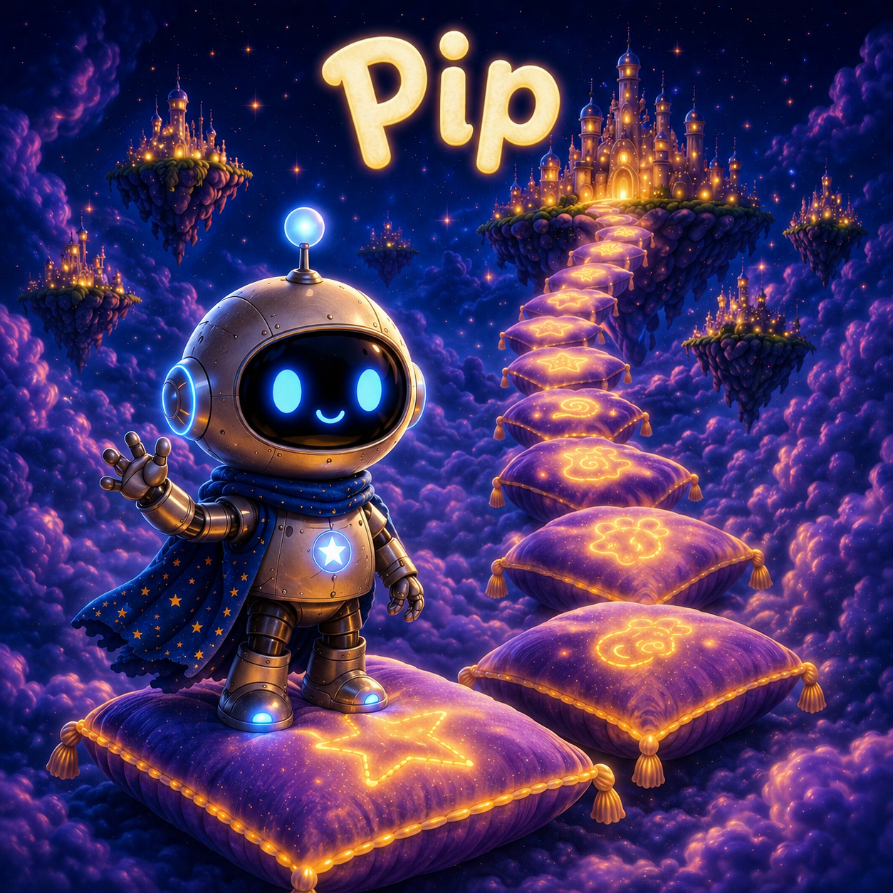 Pip, a friendly brass robot in a starry blue cape standing on a glowing pillow path