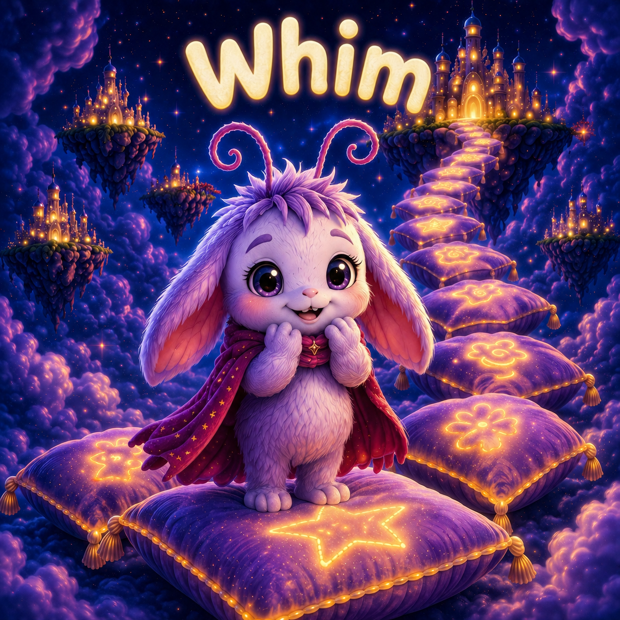 Whim, a fluffy lilac creature with curled antennae and a red starry cape on a glowing pillow