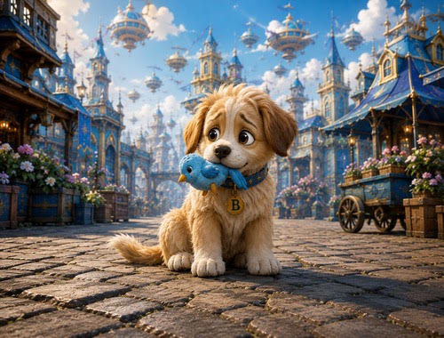 A gentle puppy with a blue bird friend in a floating sky city