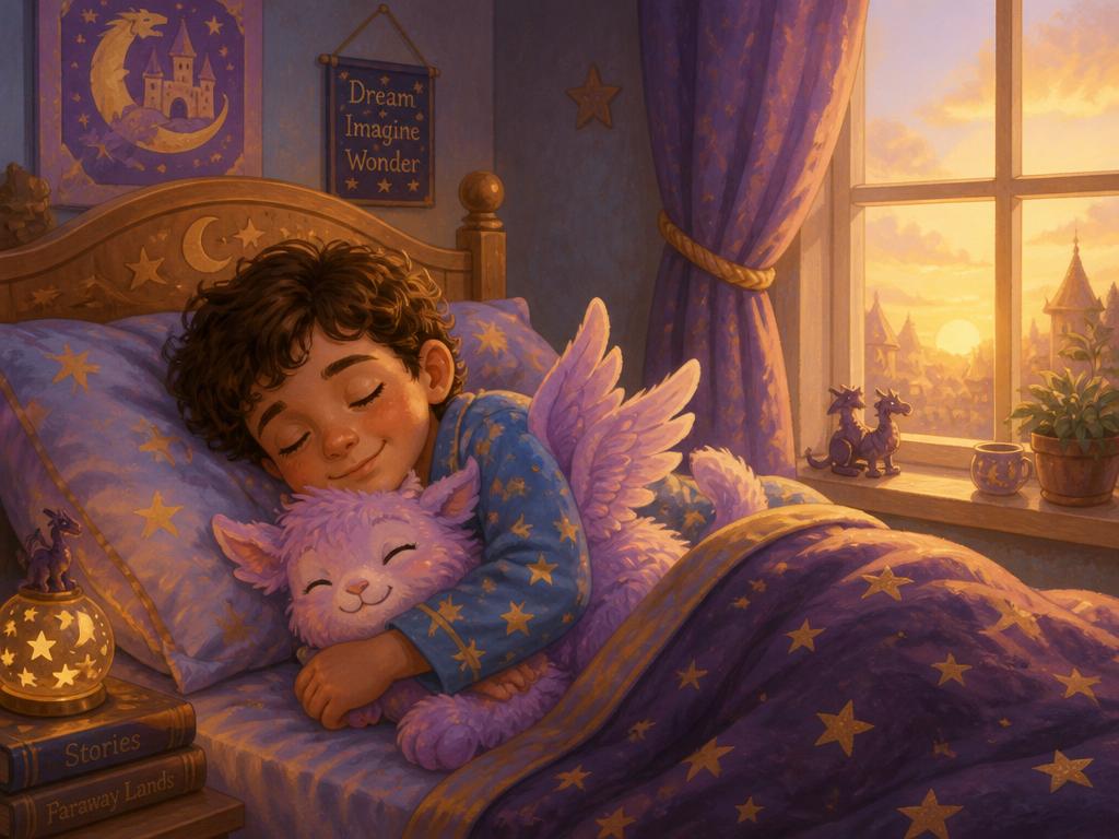 The boy sleeping peacefully hugging Whim as dawn light fills the window
