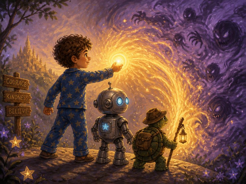 The boy in star pyjamas holding a golden light beside Pip and Moss