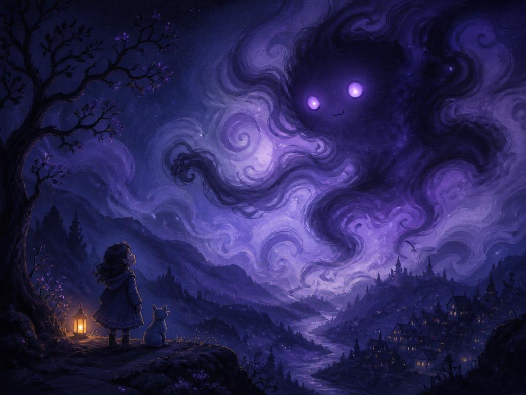 A gentle shadowy mist creature swirling above a moonlit valley