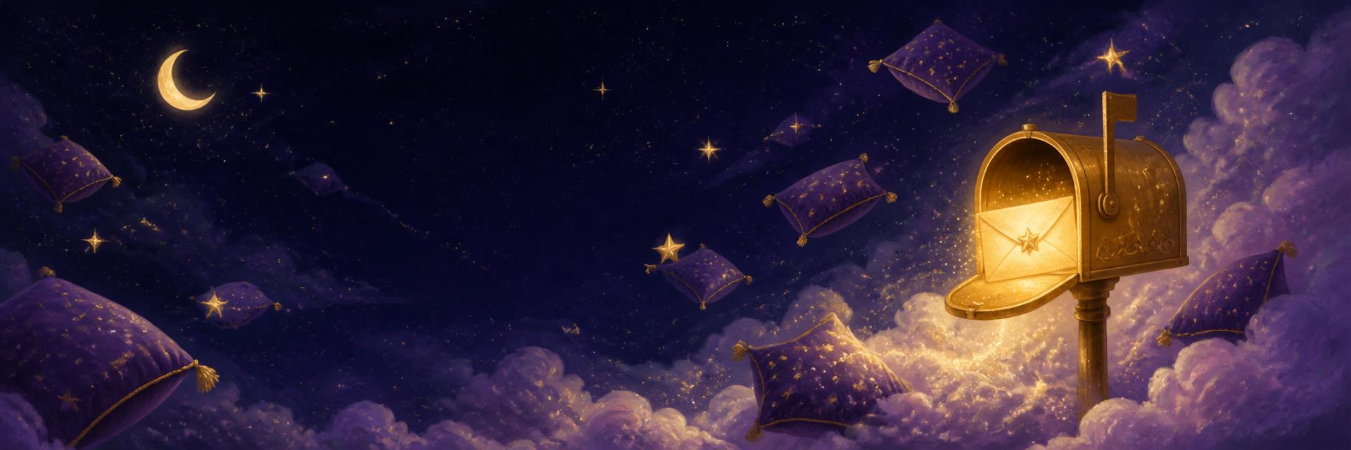 A glowing golden mailbox among violet clouds under a starry sky