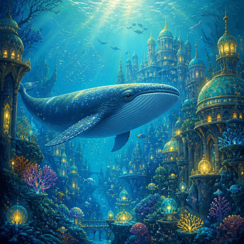 An underwater kingdom with a friendly whale and glowing coral towers