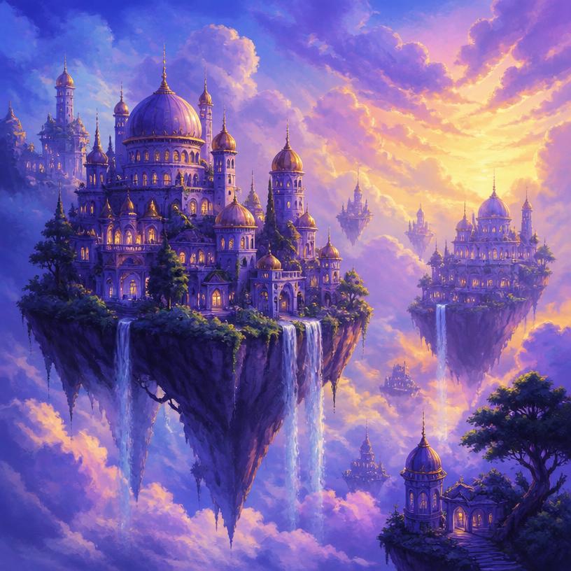Floating islands with domed sky castles drifting among golden sunset clouds