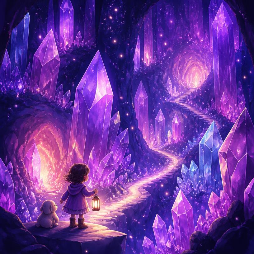 A glowing cave of towering violet crystals with a path of light