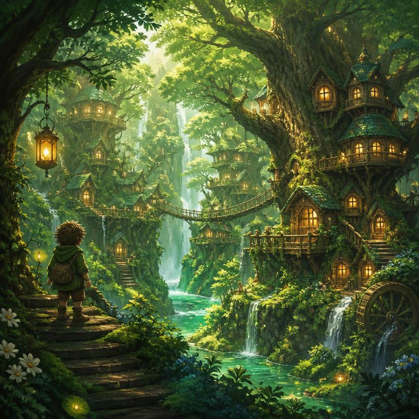 A lush forest world of giant trees with lantern-lit treehouse villages